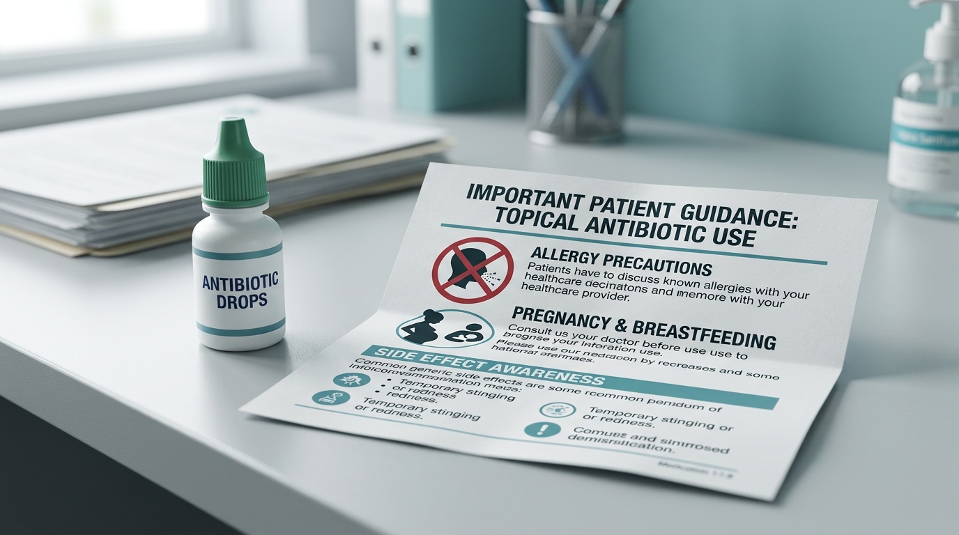 Medication safety scene with topical antibiotic drops and caution leaflet
