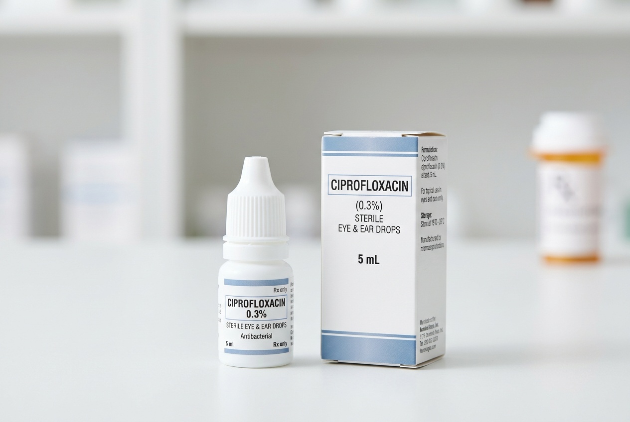 Ciprofloxacin eye and ear drops bottle with packaging displayed in a clean clinical setting