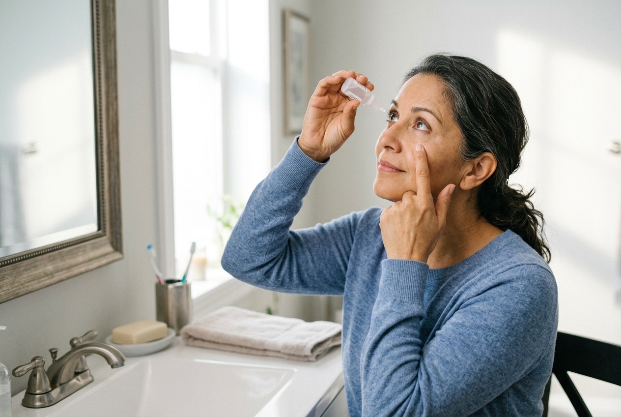 Patient demonstrating careful eye drop administration with hygienic technique