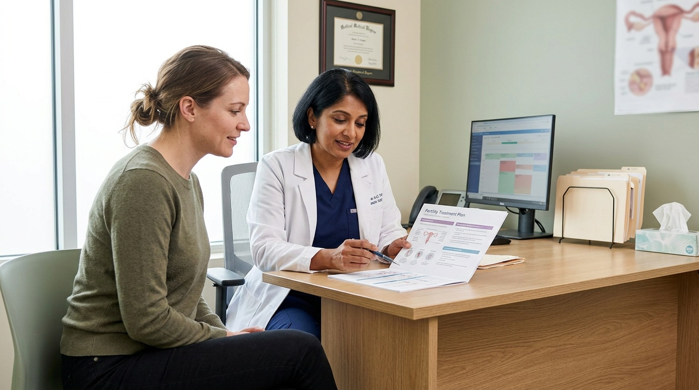 Fertility specialist discussing Clomid treatment options with a patient in a clinic