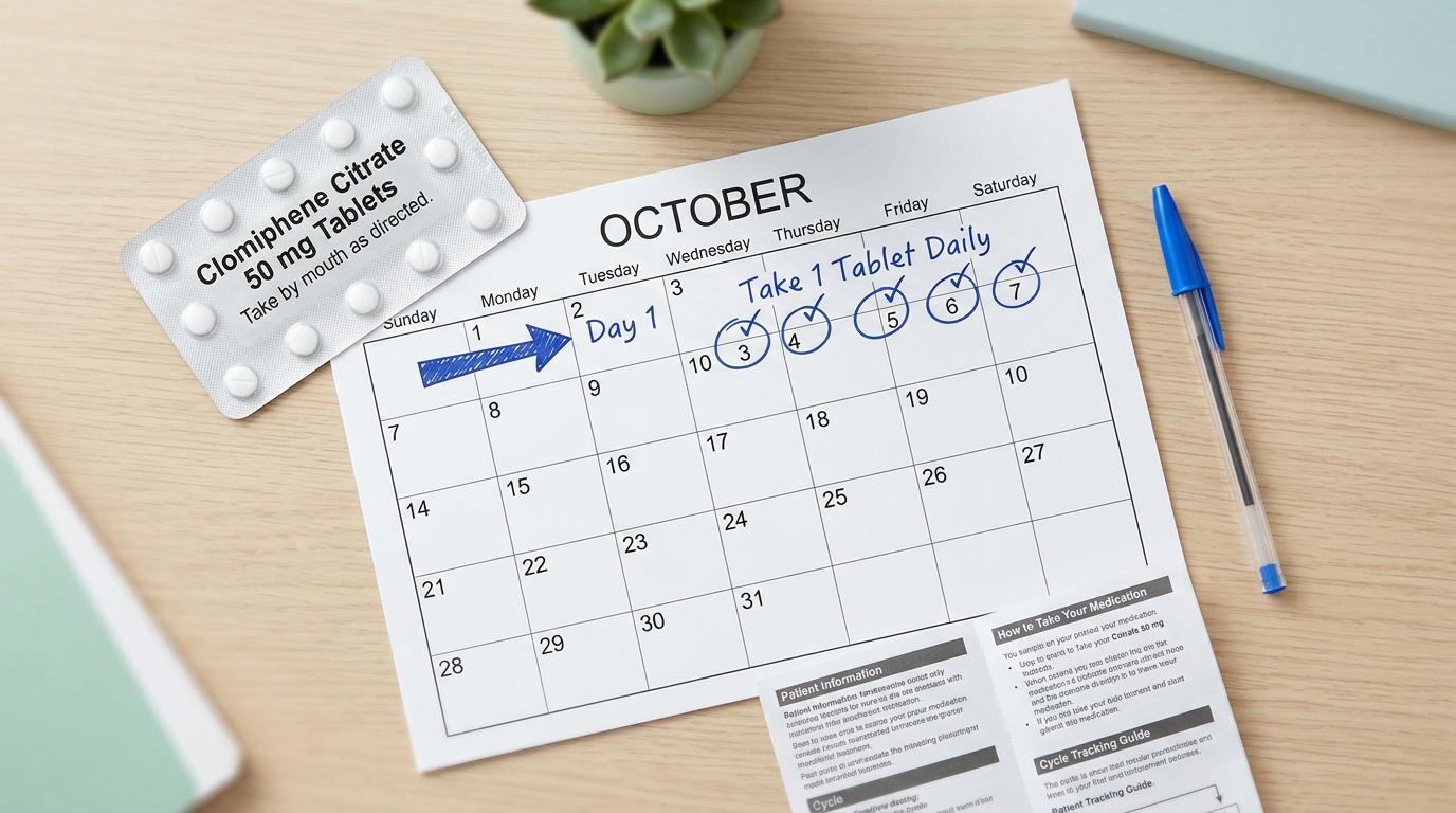 Clomid tablets beside a simple calendar illustrating cycle-based dosing