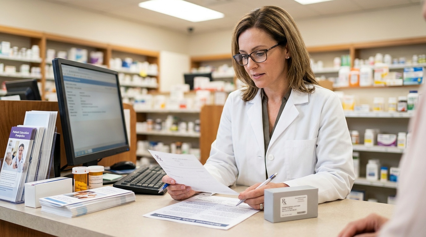Pharmacist reviewing prescription and medication safety information for Clomid