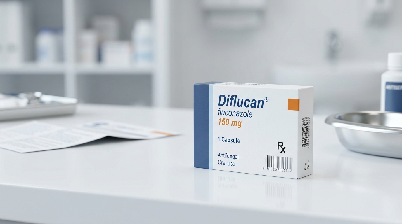 Diflucan fluconazole product packaging on a clean clinical surface