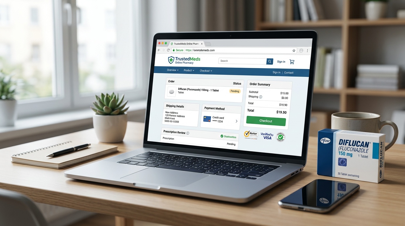 Secure online pharmacy checkout screen beside Diflucan packaging