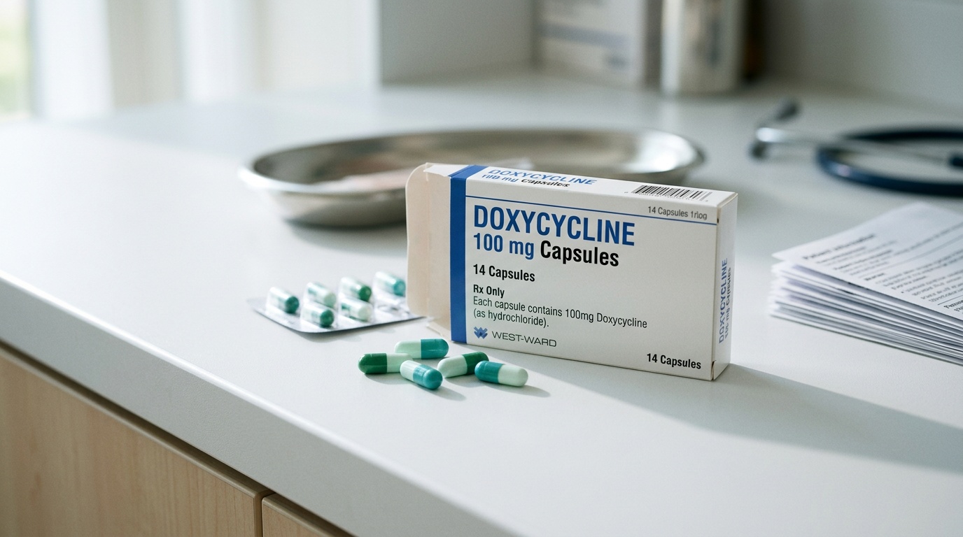 Doxycycline capsules with packaging on a clean clinical surface