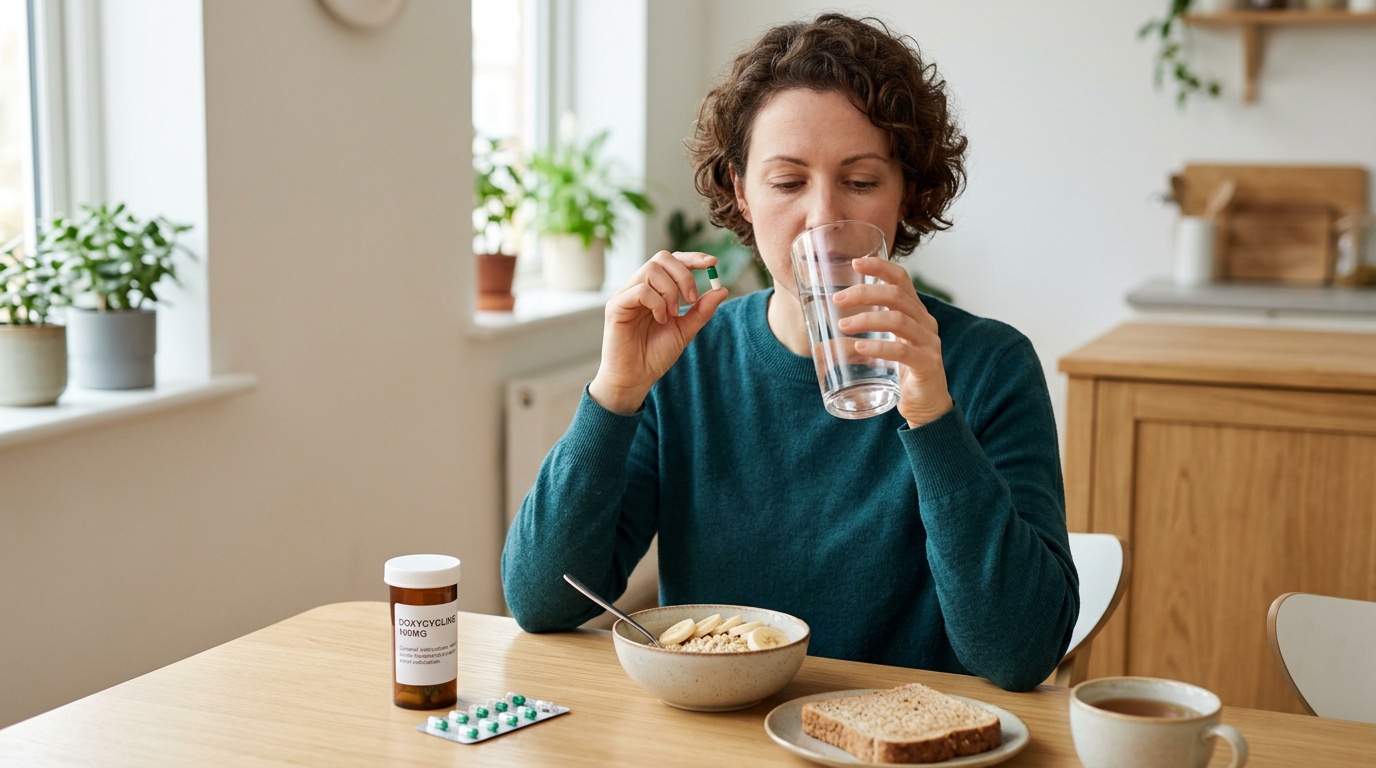Person taking a doxycycline capsule with a full glass of water while seated upright