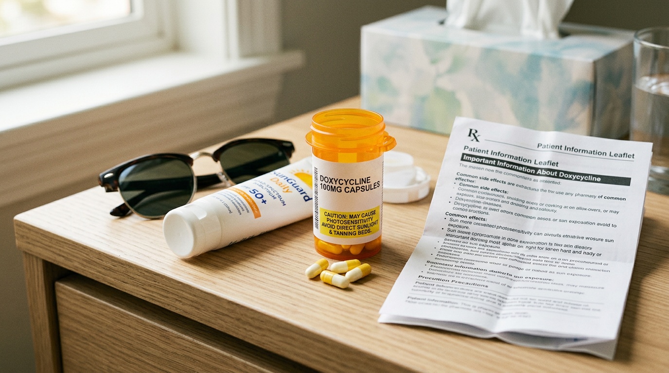 Medication safety scene with sun protection items and prescription information beside doxycycline capsules