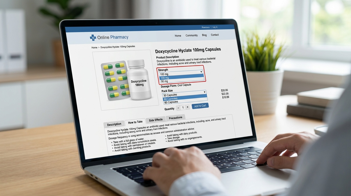 Online pharmacy ordering screen for doxycycline with product details and pack strength information