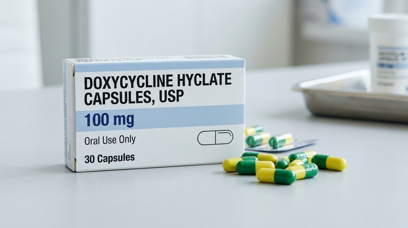 Doxycycline capsule packaging and oral capsules presented in a clean clinical setting