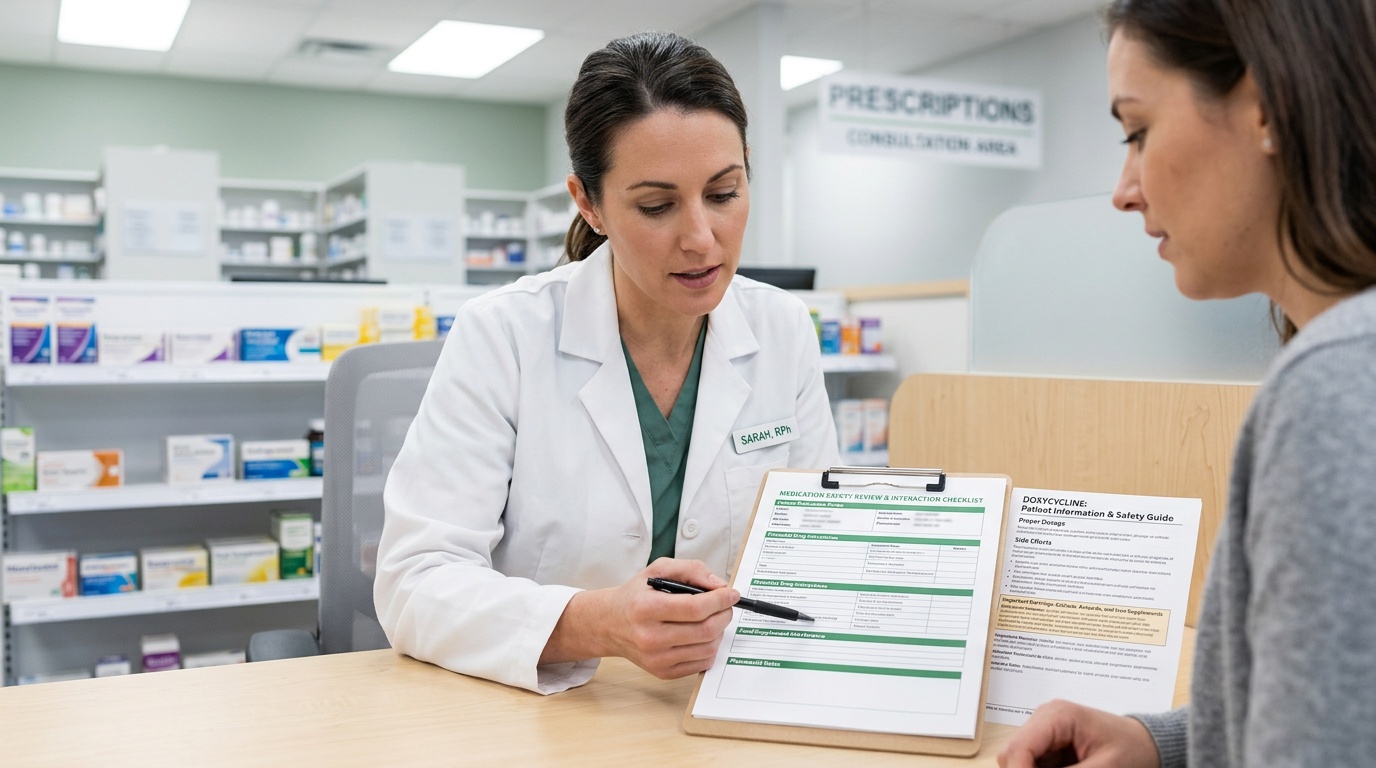 Pharmacist reviewing medication safety information and interaction checklist