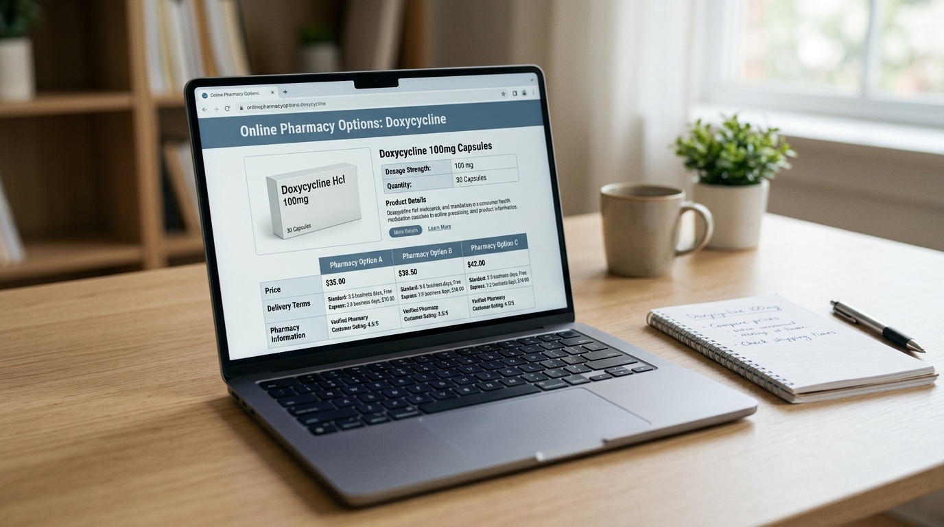 Online pharmacy comparison concept showing product details, dosage strength, and delivery terms on a laptop