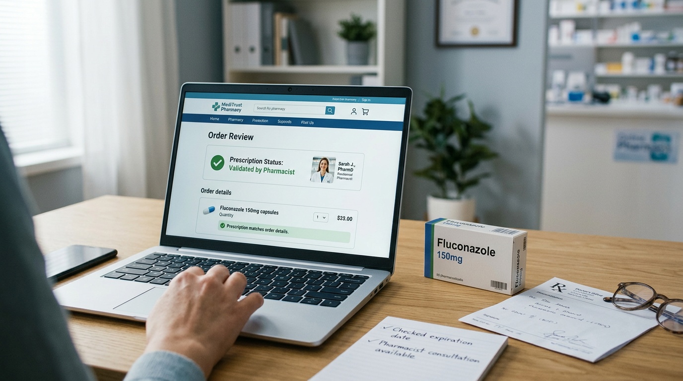 Online pharmacy review scene with prescription check and medicine verification