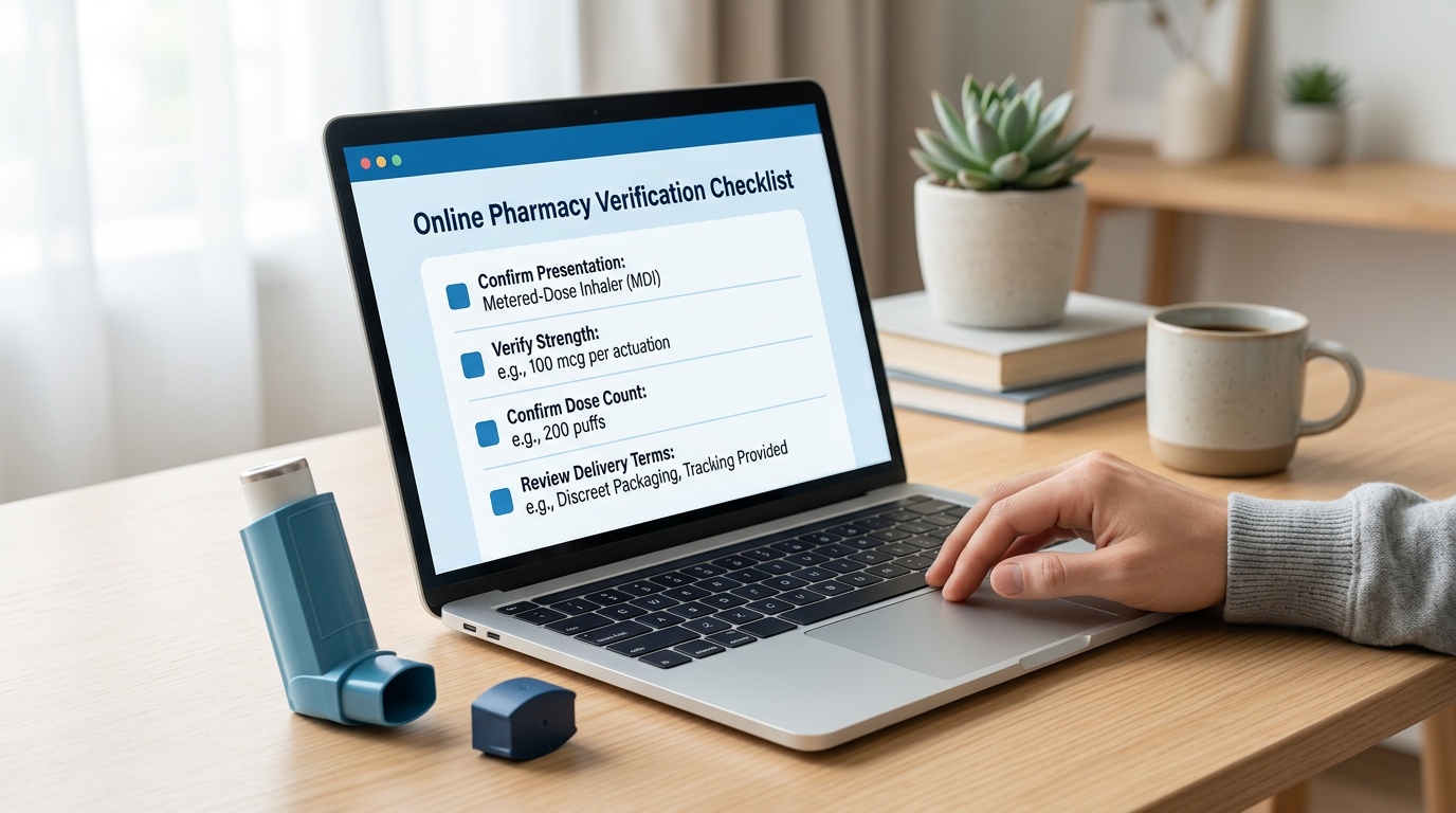 Online pharmacy checklist for verifying inhaler strength, dose count, and delivery terms