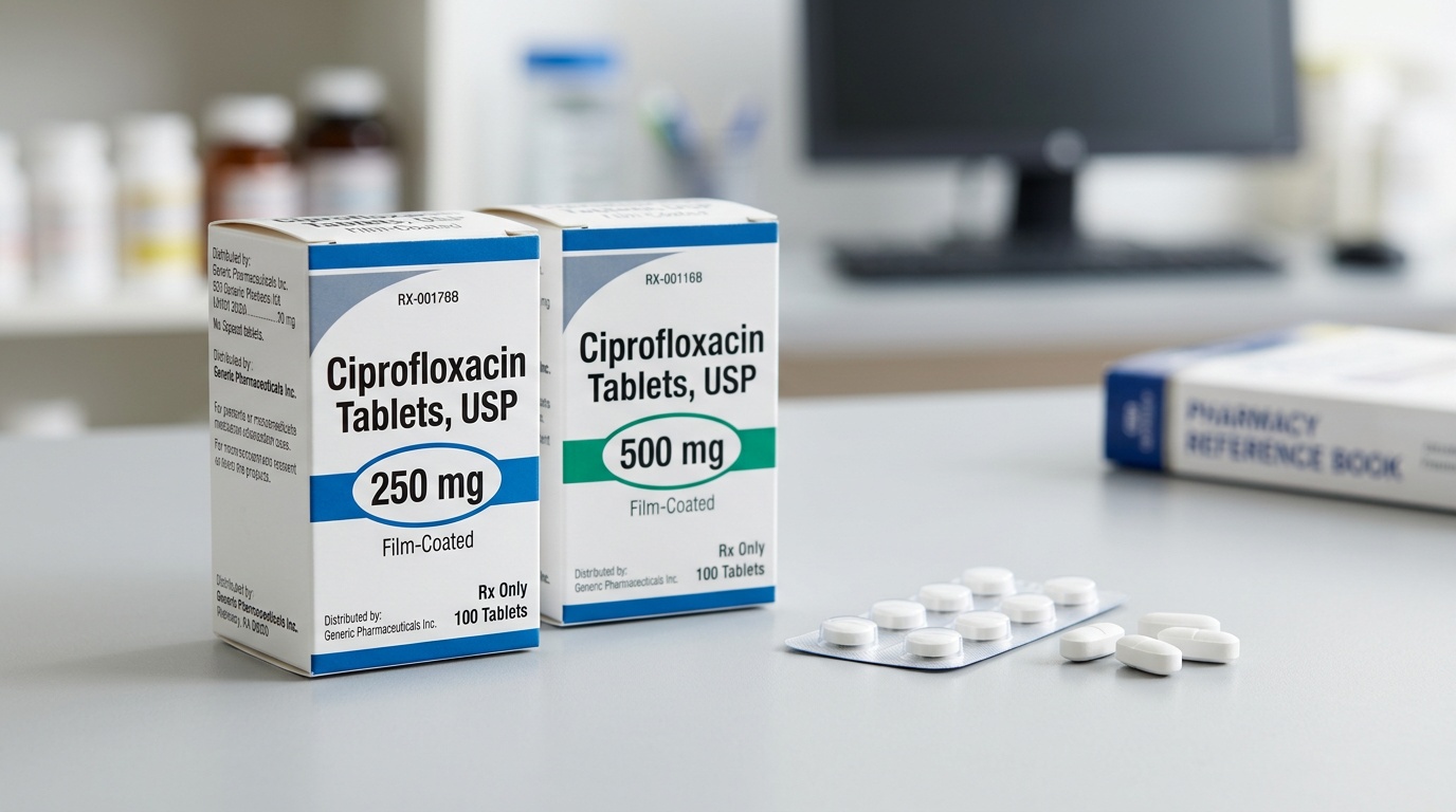 Cipro ciprofloxacin tablet packaging and labeled strength presentation