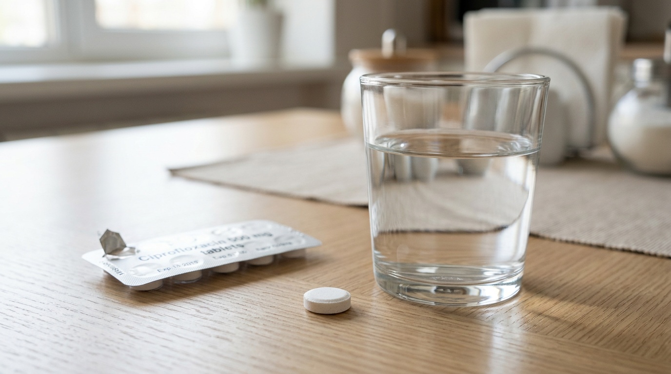 Ciprofloxacin tablet with a glass of water for proper oral administration