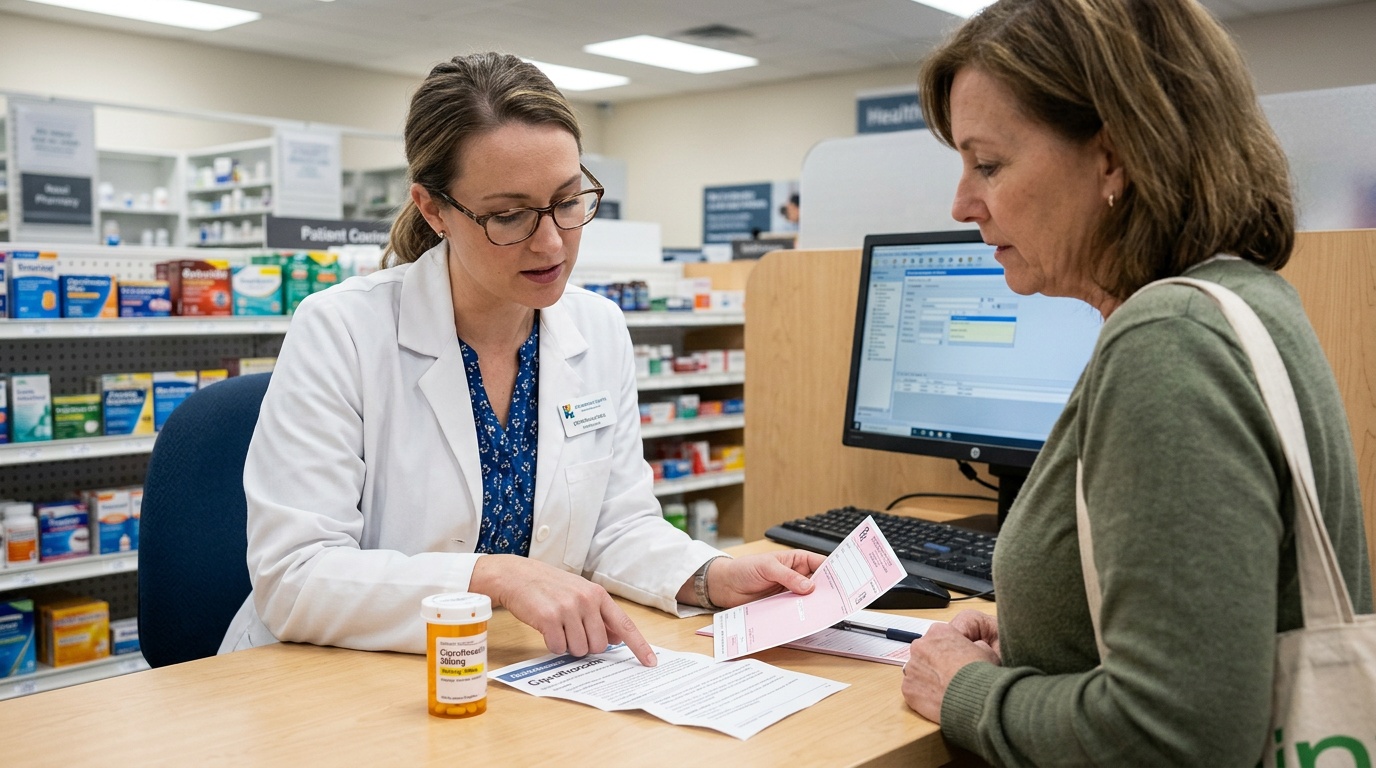 Pharmacist reviewing a prescription and medication counseling information for ciprofloxacin