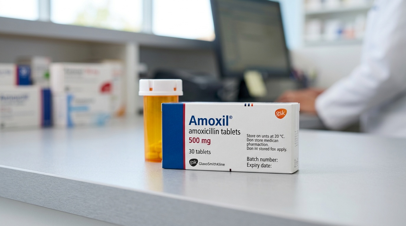Amoxil amoxicillin tablet packaging in a clean clinical product setting