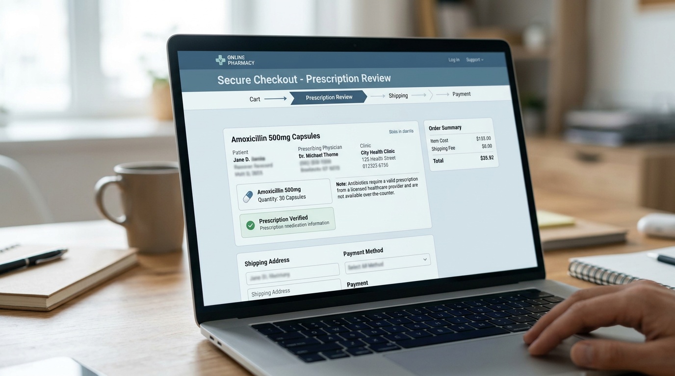 Licensed online pharmacy checkout screen with prescription review details for amoxicillin