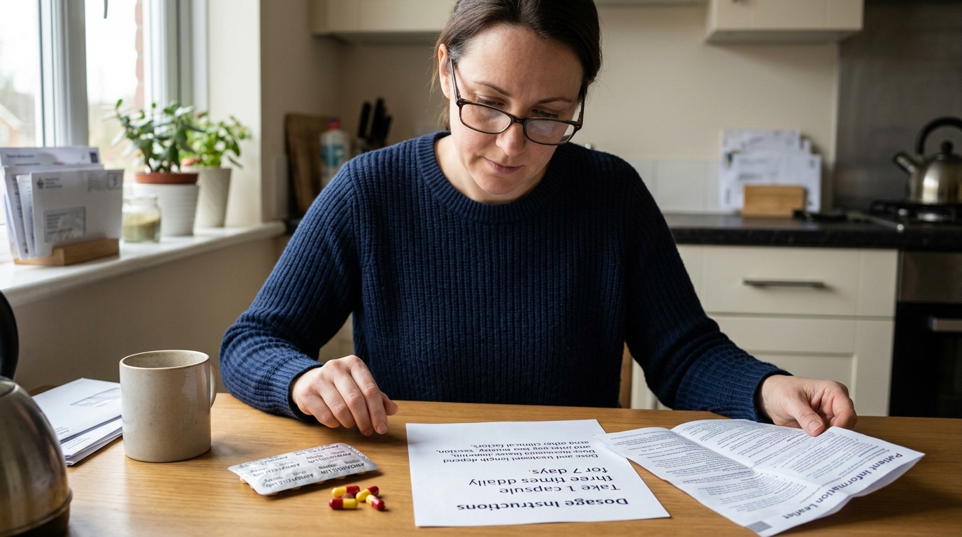 Patient reviewing amoxicillin tablets, dosage instructions, and medicine leaflet at home