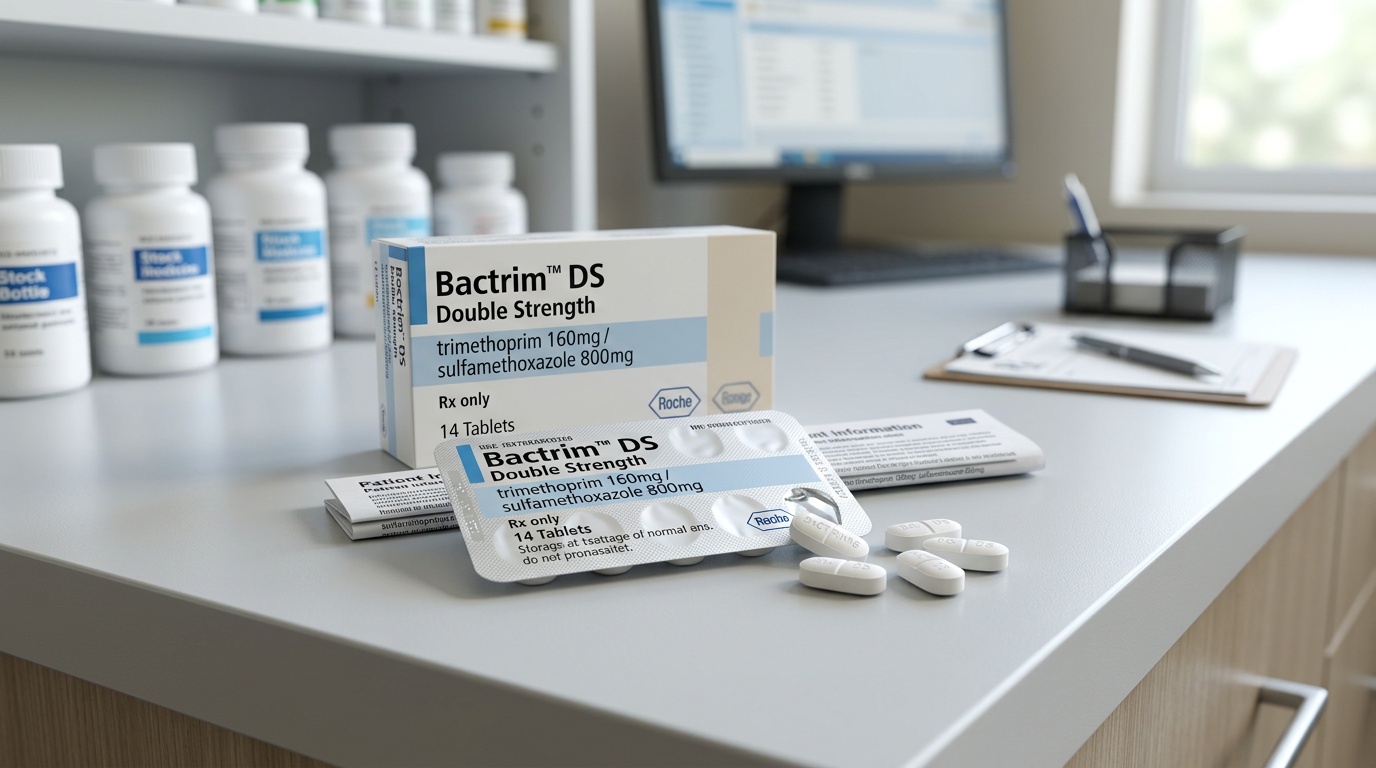 Bactrim DS tablets presented in a neutral clinical setting with packaging elements and a clean medical background