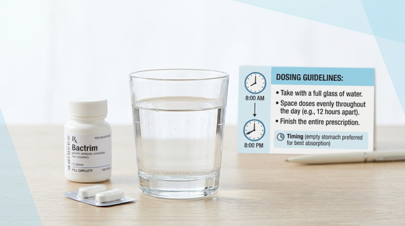 Medication timing and hydration concept for Bactrim tablet use with water glass and dosing schedule cues