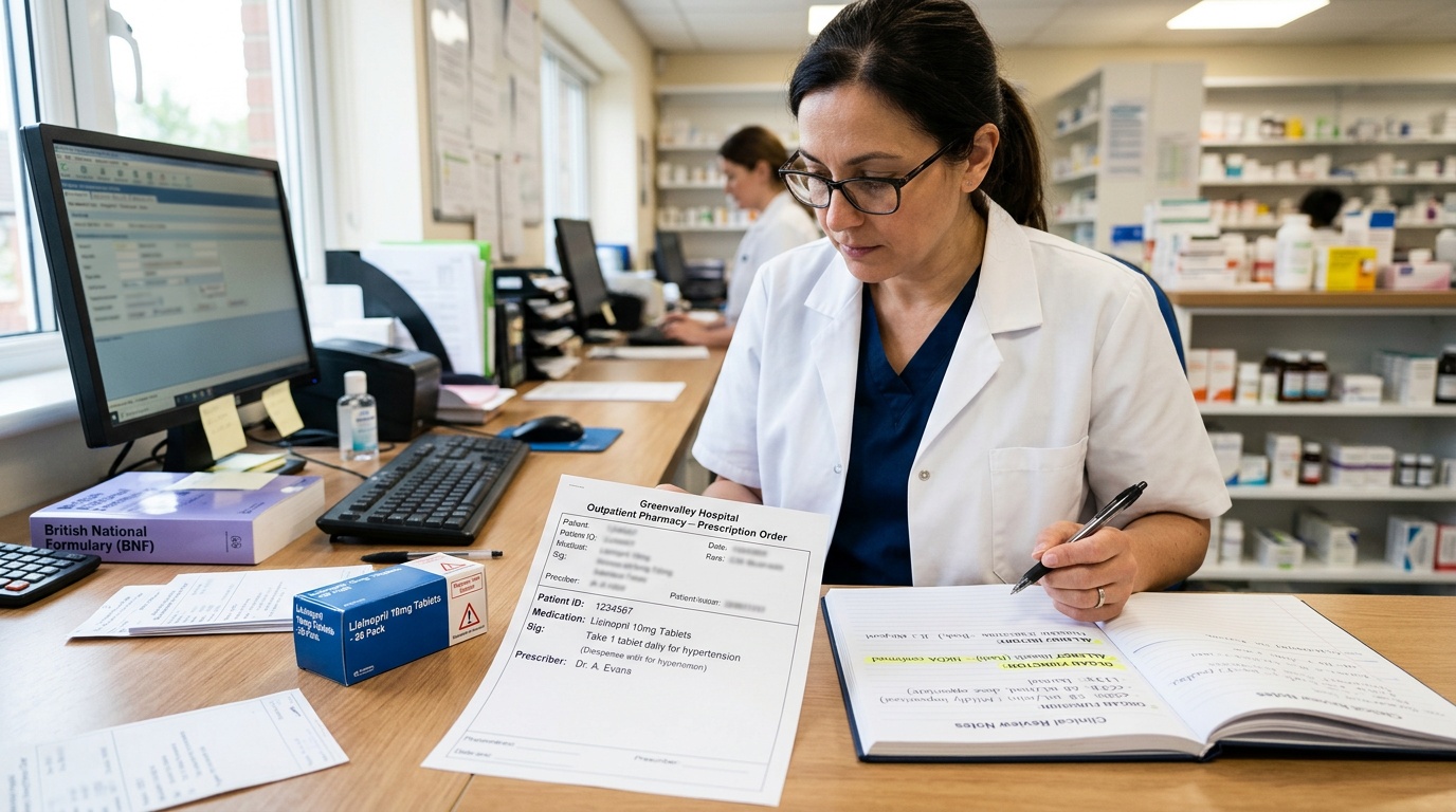 Clinical safety review concept with prescription sheet, warning symbols, and pharmacist workspace