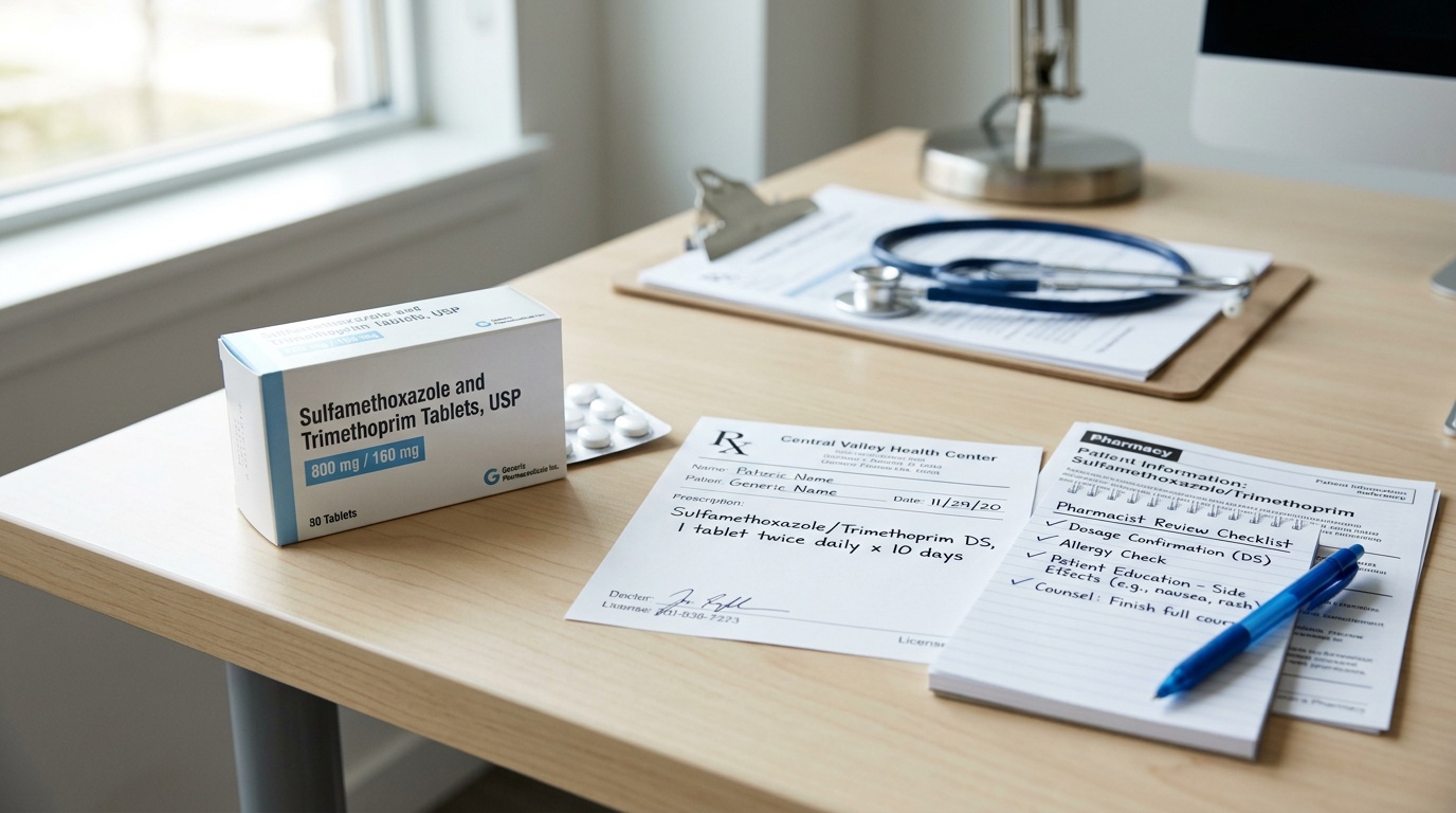 Bactrim medicine packaging beside a prescription and pharmacy review materials