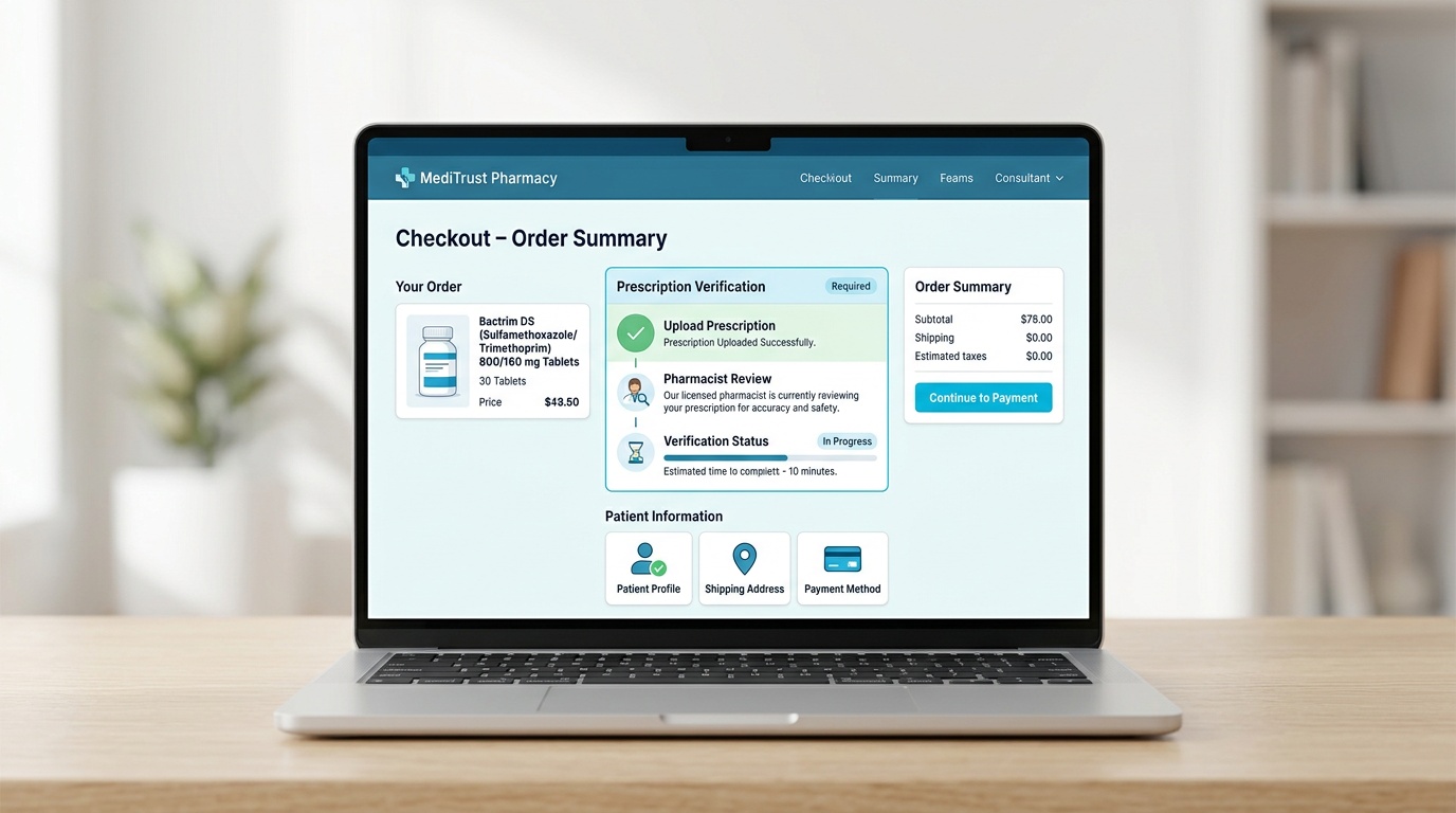 Online pharmacy checkout screen with prescription verification details for Bactrim