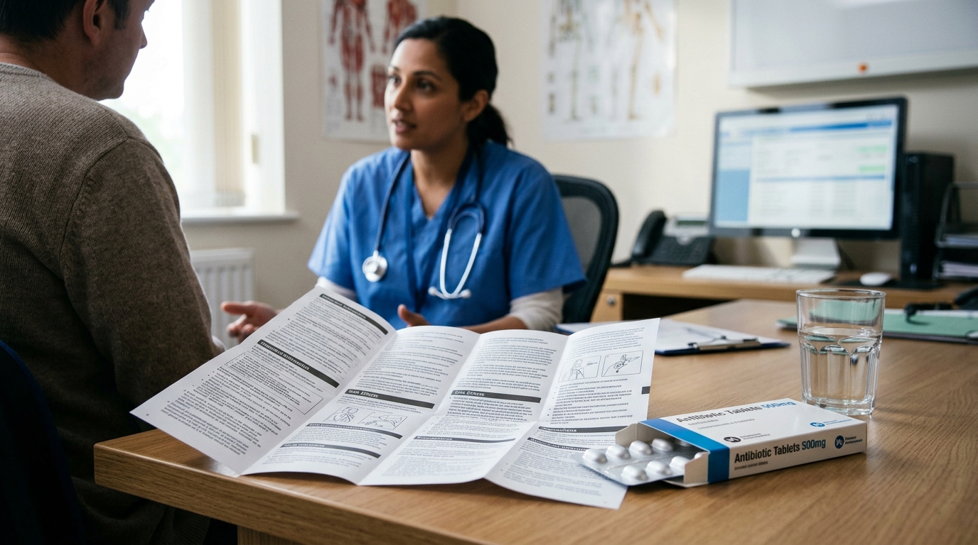 Patient information leaflet and antibiotic package in a clinical consultation setting
