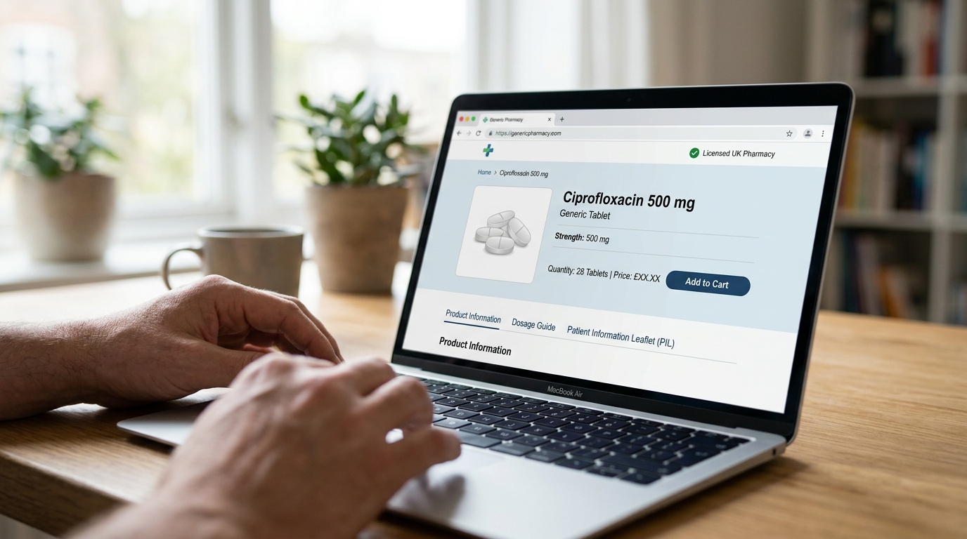Ciprofloxacin 500 mg tablet product selection on a licensed online pharmacy page