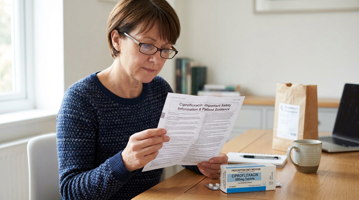 Patient reviewing medicine safety information for ciprofloxacin before use