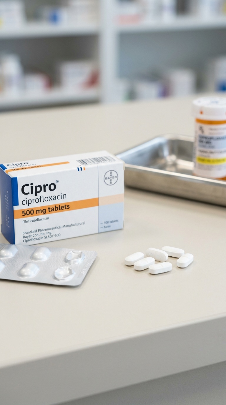 Cipro 500 mg tablet packaging and tablets in a clean clinical setting