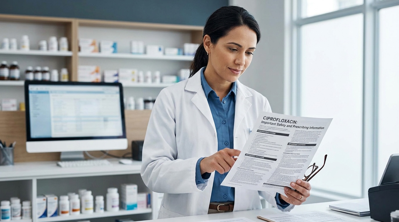 Pharmacist reviewing ciprofloxacin safety information