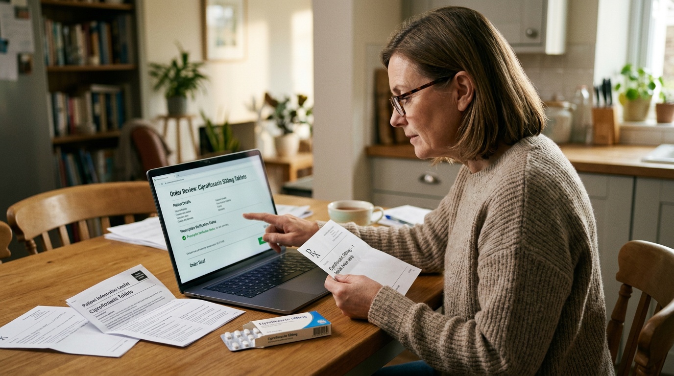 Online medication order review for ciprofloxacin tablets
