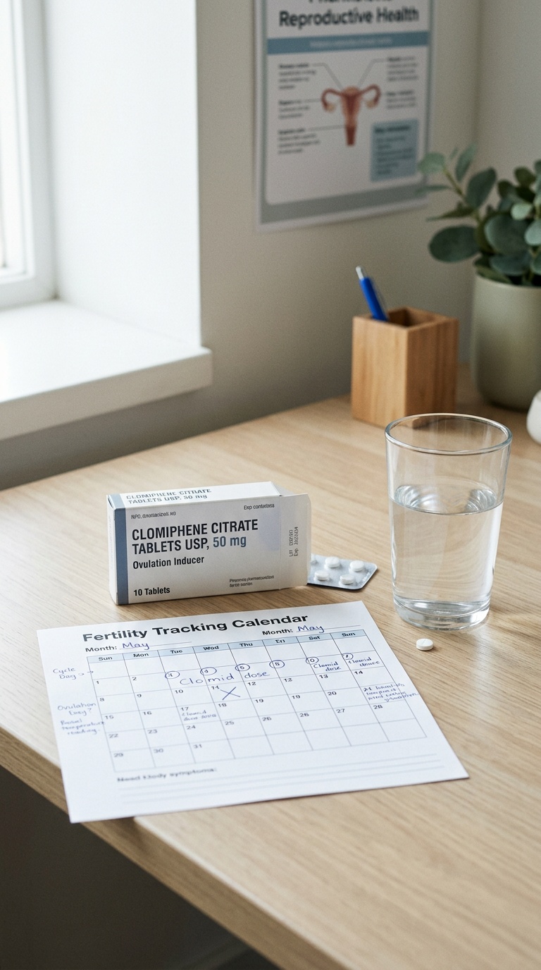 Clomid tablet packaging beside a fertility calendar and glass of water