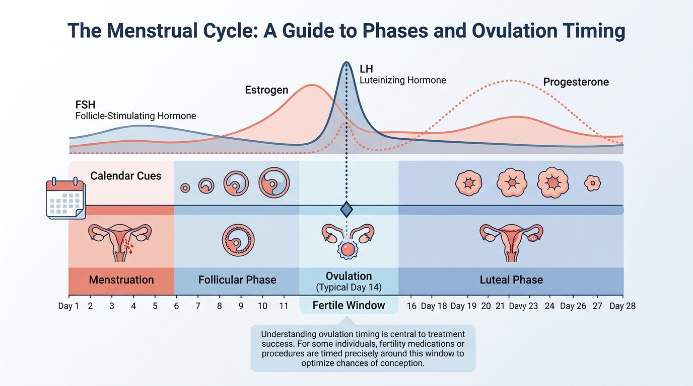 Simple illustration of the menstrual cycle with ovulation timing markers
