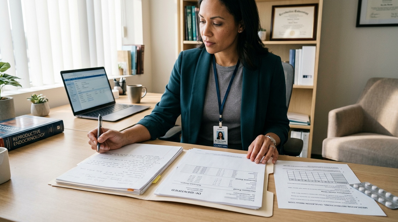 Healthcare professional reviewing fertility treatment notes and medication instructions
