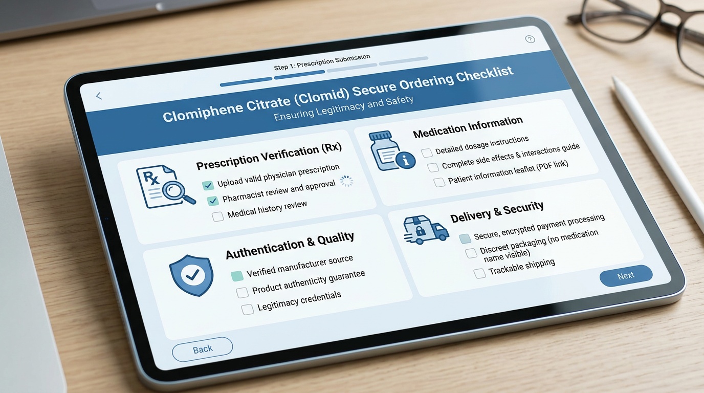 Online pharmacy checklist with prescription verification and medication information