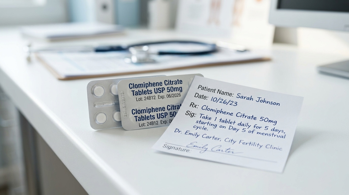 Clomid tablets with a clean clinical background illustrating clomiphene citrate fertility treatment