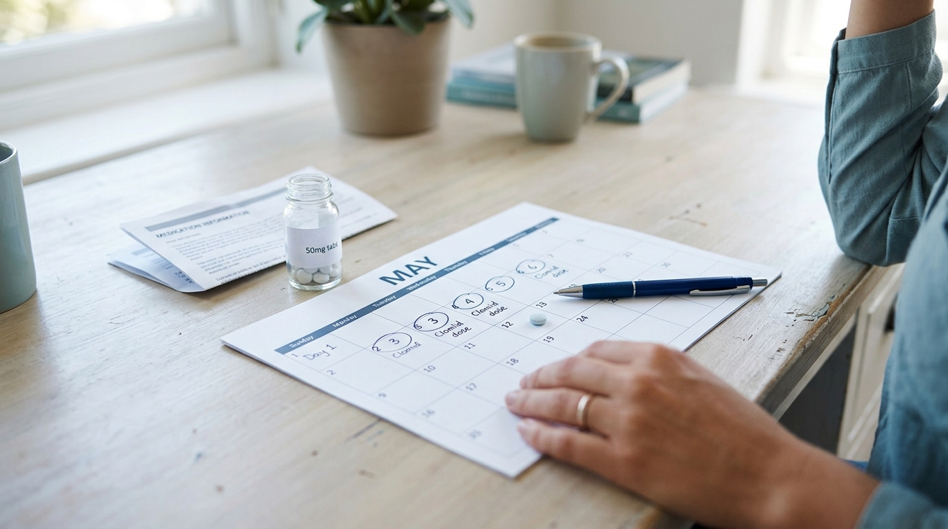 Oral fertility medication beside a menstrual cycle calendar for Clomid dosing context