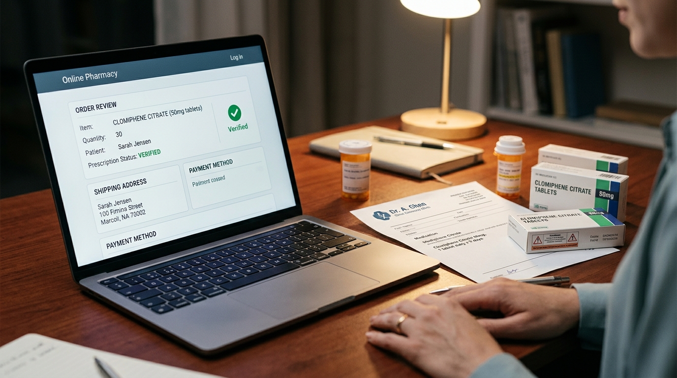 Online pharmacy review scene with prescription details and medication packaging for safe Clomid purchase checks