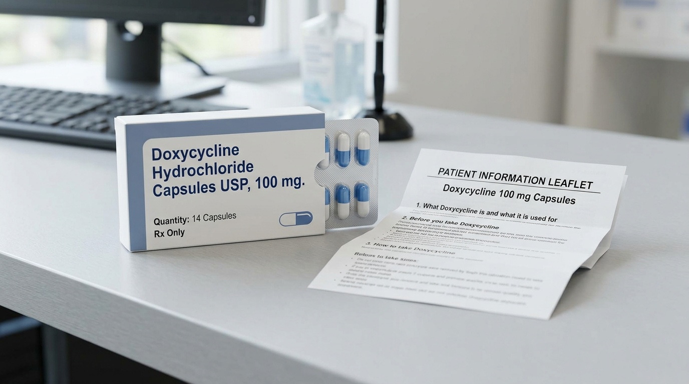 Doxycycline capsule packaging with patient information leaflet on a clean surface
