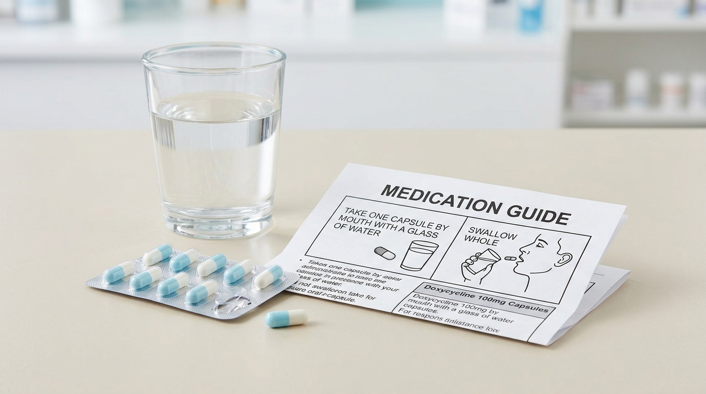 Capsule, glass of water, and medication leaflet illustrating correct oral administration
