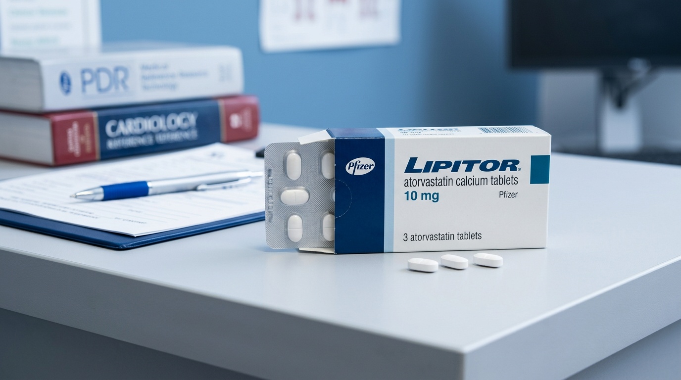 Lipitor atorvastatin tablets displayed in a clean clinical tabletop setting