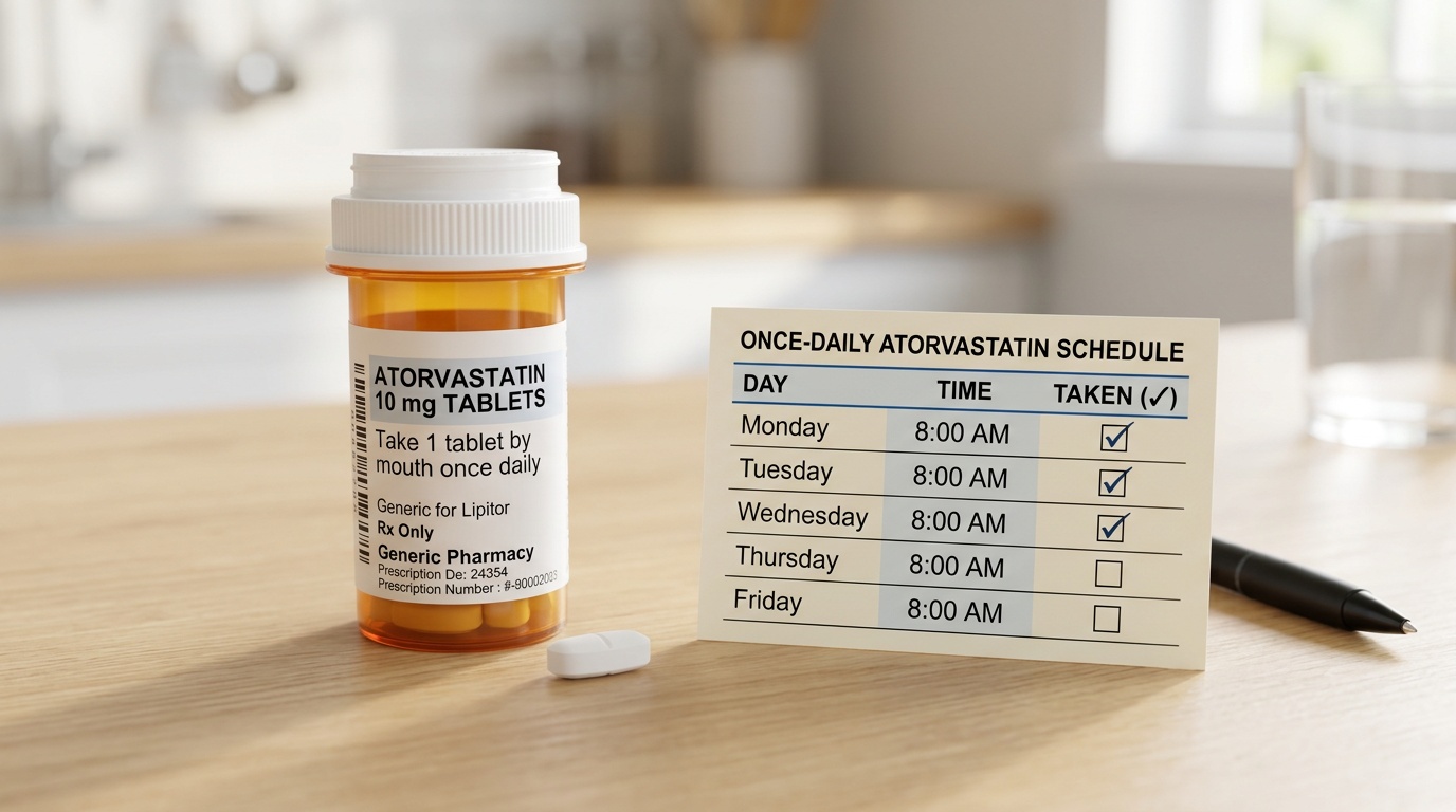 Once-daily atorvastatin dosing concept with tablets and a simple medication schedule card