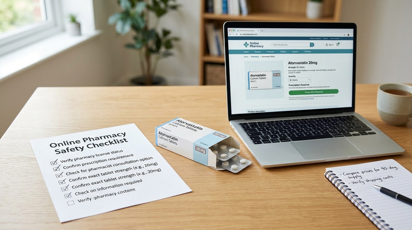 Online pharmacy checklist beside atorvastatin medication packaging and a laptop