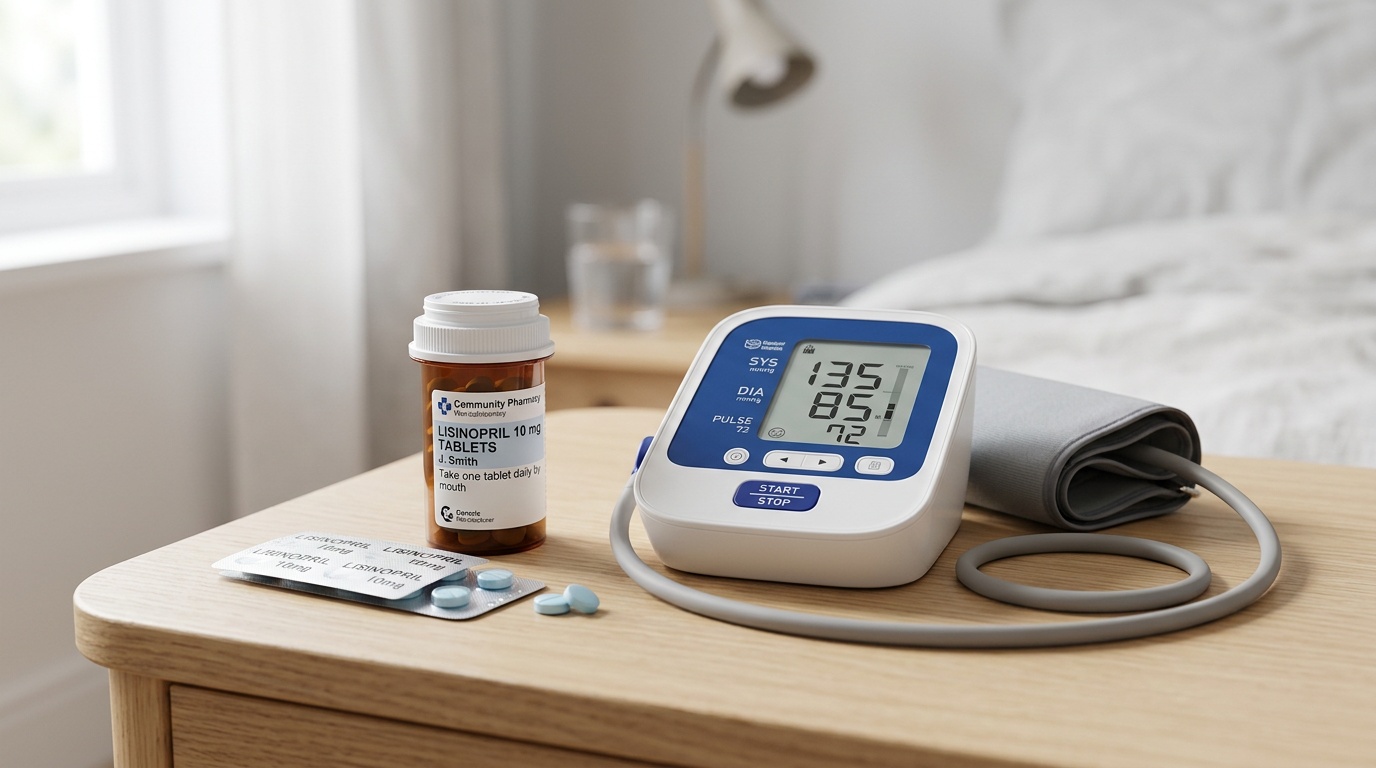 Lisinopril tablets beside a home blood pressure monitor