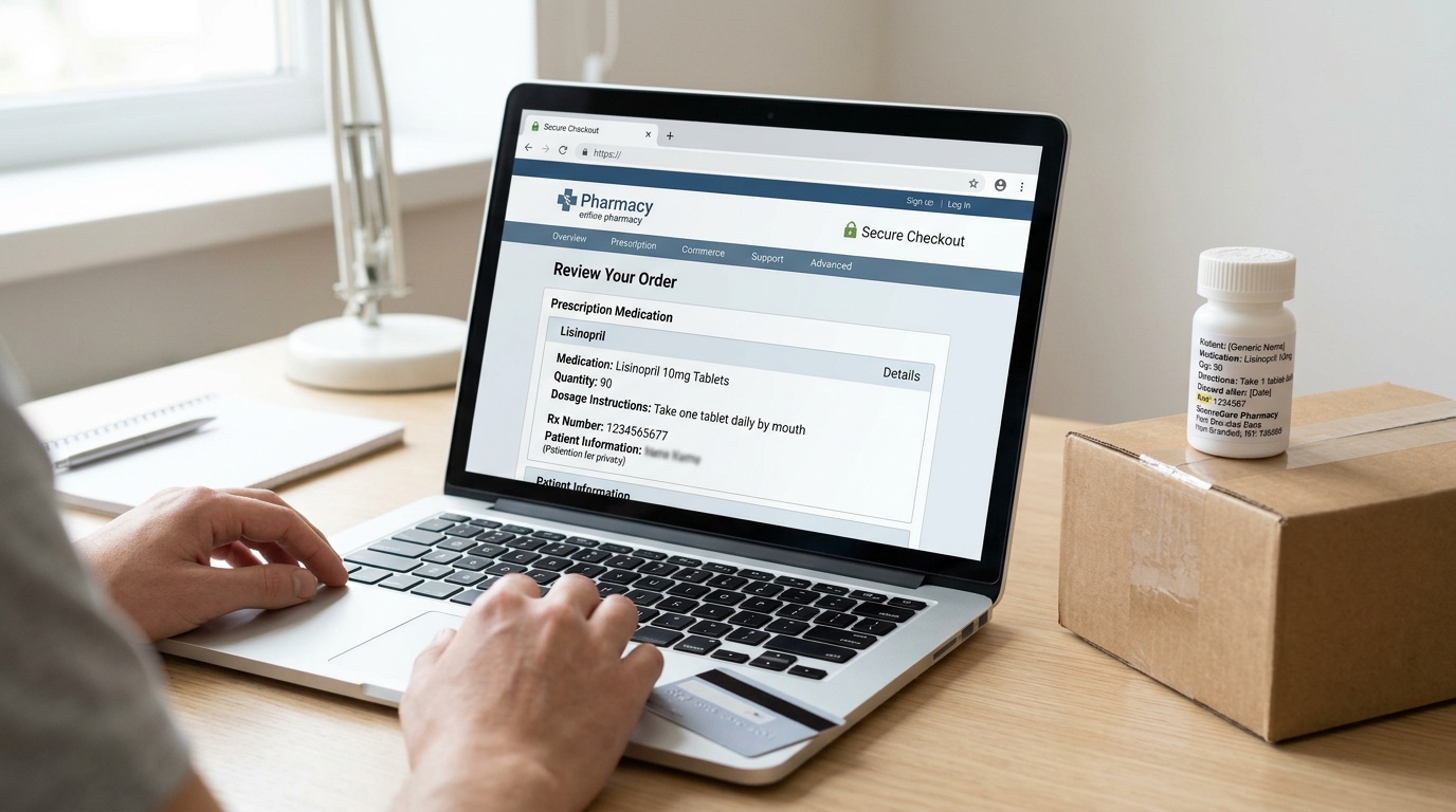 Secure online pharmacy checkout with medication labeling details