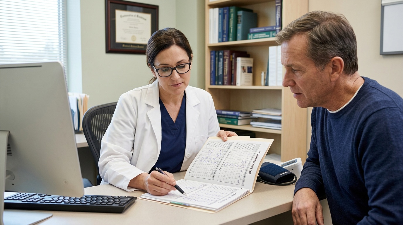 Clinician reviewing blood pressure readings and laboratory results