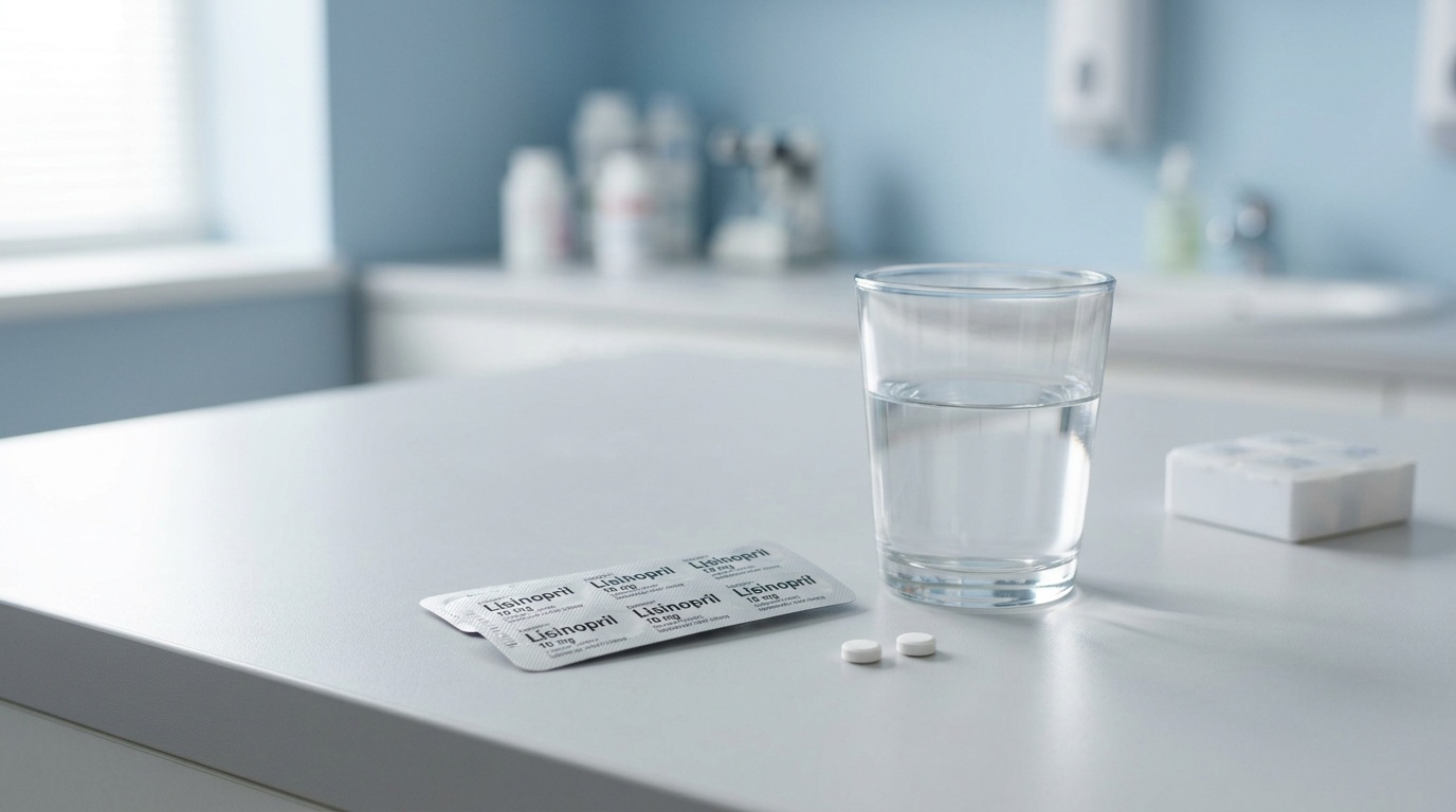 Lisinopril tablets with a glass of water on a clean clinical surface